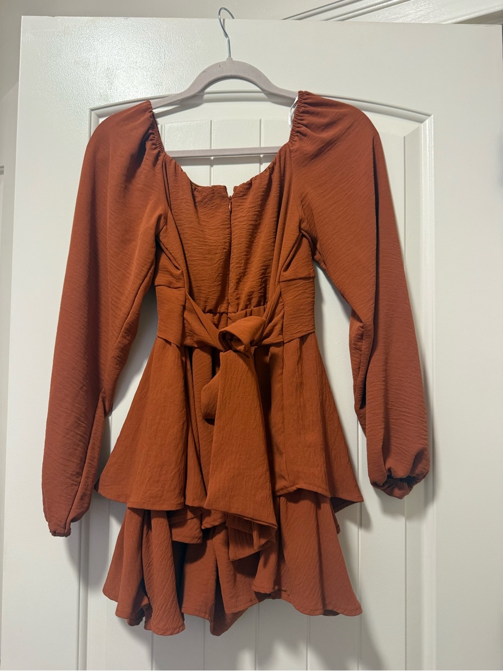 Rust Tie-Front Ruffle Mini Dress